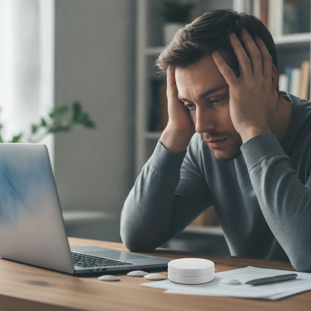 person experiencing brain fog from nicotine while working at a desk