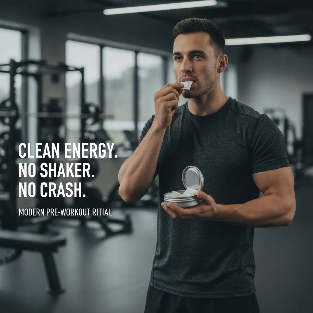 Athlete using an oral energy pouch as a natural pre-workout ingredient delivery format before training