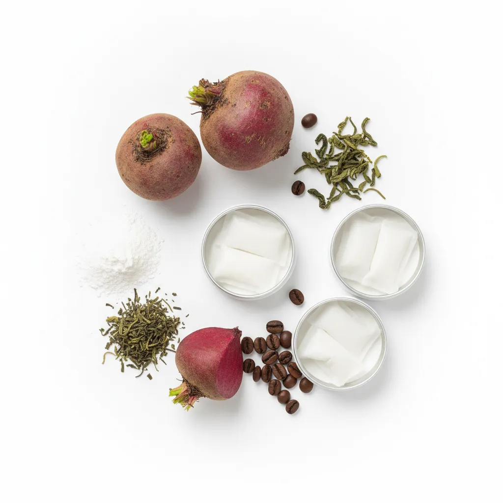 Natural pre-workout ingredients including beetroot, coffee beans, and creatine powder arranged on a white surface