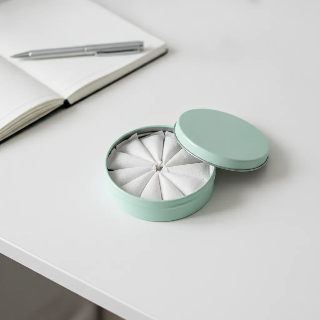 caffeine L-theanine pouches in a round tin on a desk, representing clean energy without nicotine