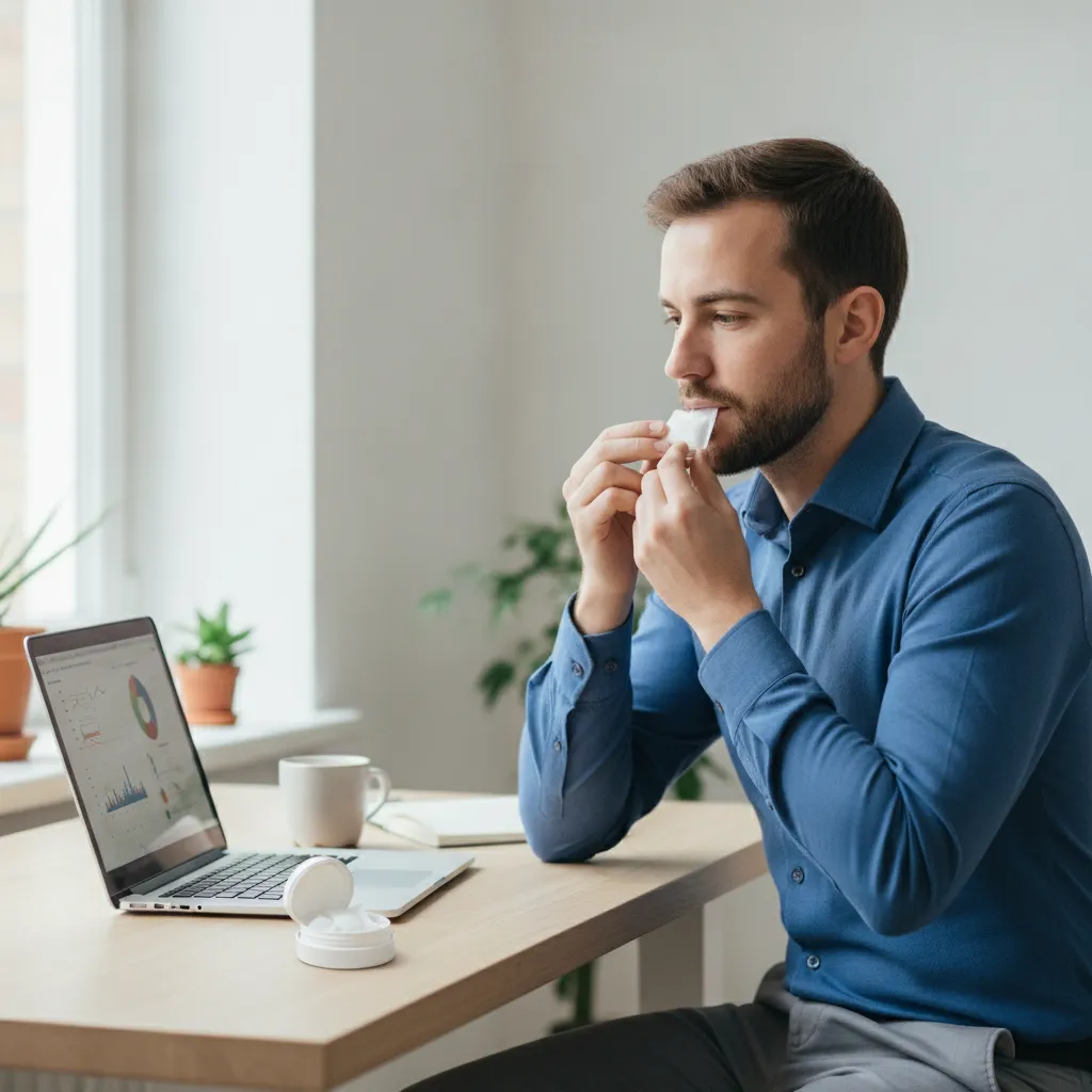 young professional using healthy alternatives to smoking including tobacco-free pouches during a focused work session