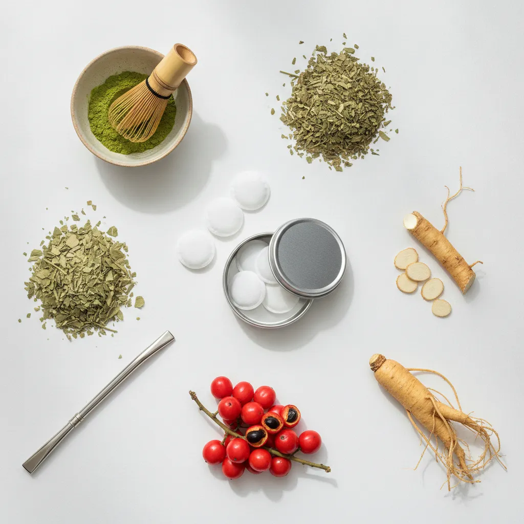 natural caffeine alternatives including matcha, yerba mate, guarana, and energy pouches