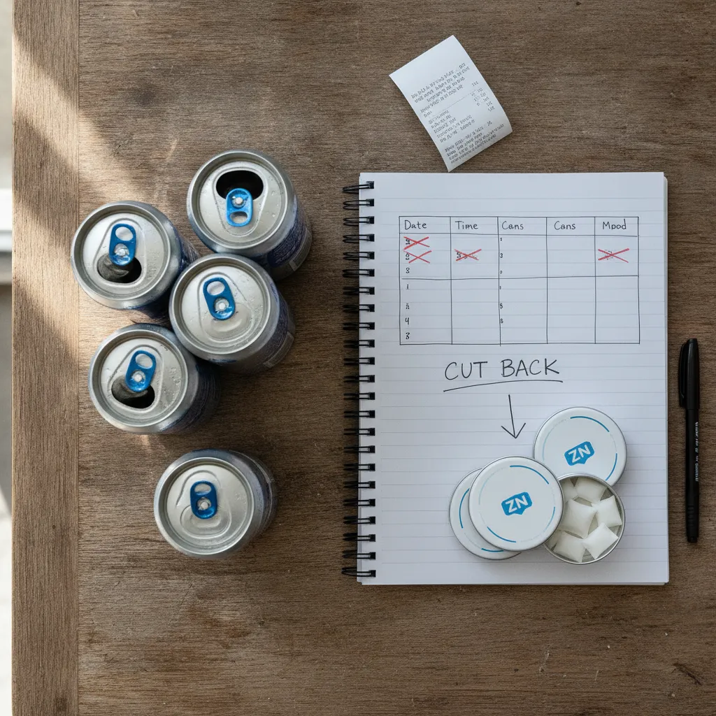 Energy drink cans next to a consumption tracking chart — first step in understanding how to stop energy drink addiction