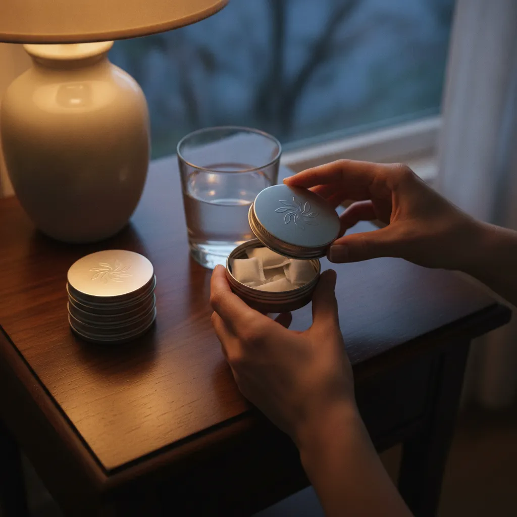CBD pouch tin as part of an evening ritual for how to sleep better naturally