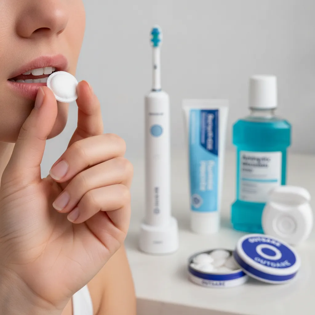person using tobacco-free nicotine pouch with best oral health products in background