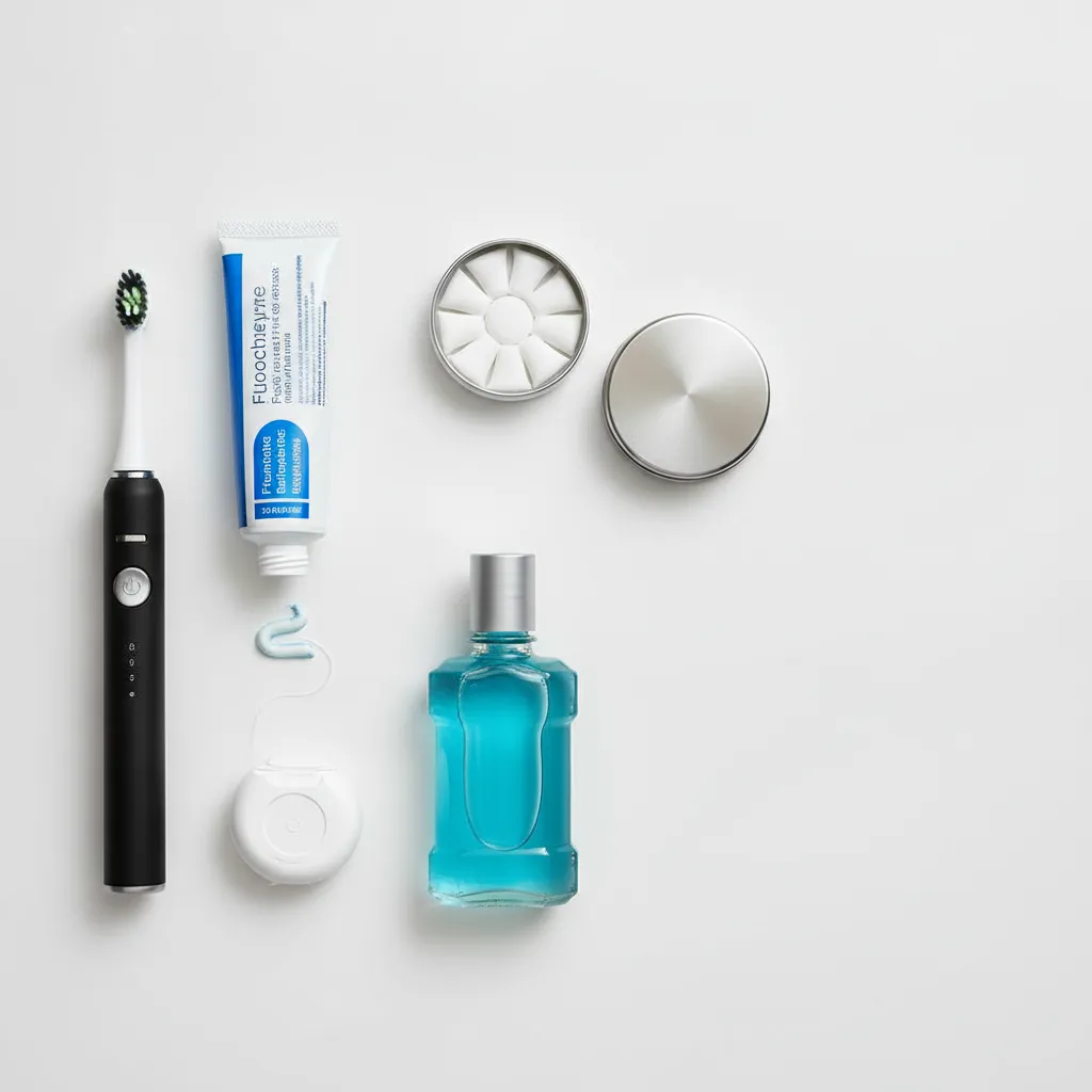 best oral health products flat lay including electric toothbrush fluoride toothpaste floss and mouthwash
