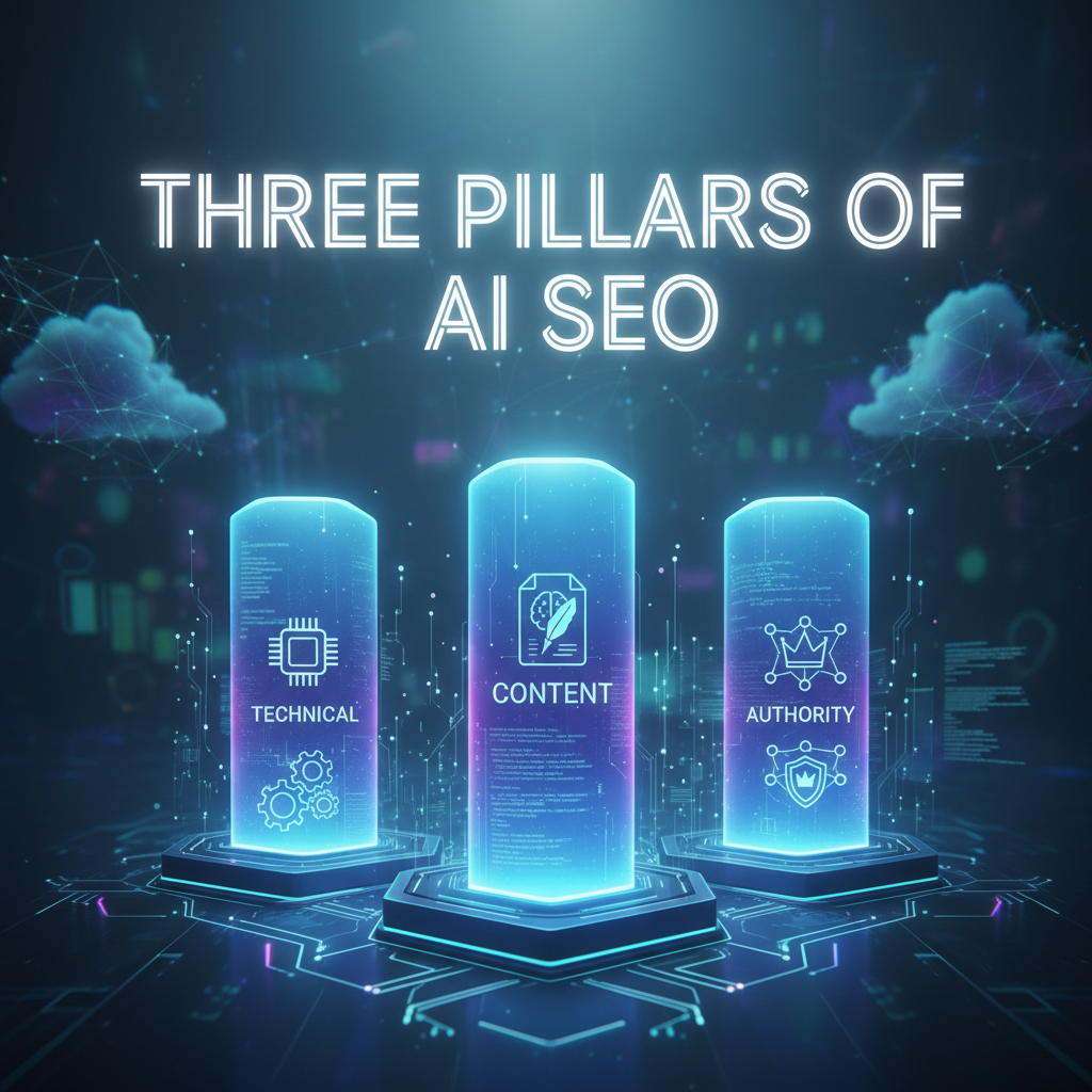 Three pillars of AI search engine optimization showing content, technical, and authority optimization strategies