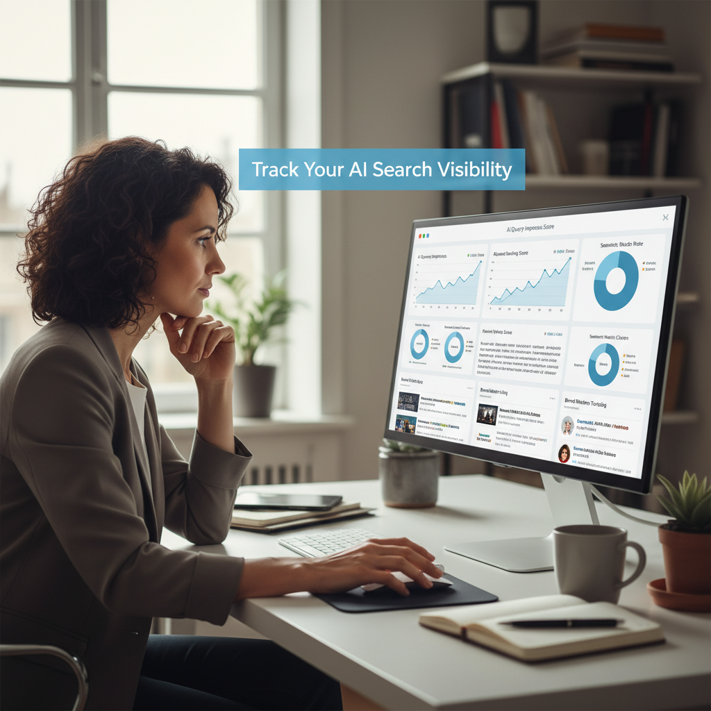 Business owner analyzing AI search engine optimization performance metrics and visibility tracking dashboard