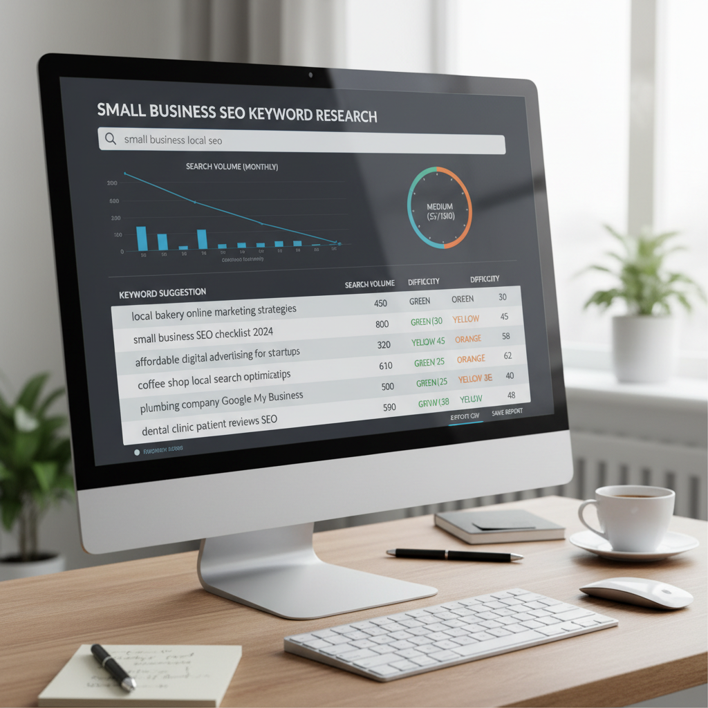 Keyword research tool displaying SEO for small business keyword opportunities with search volume data
