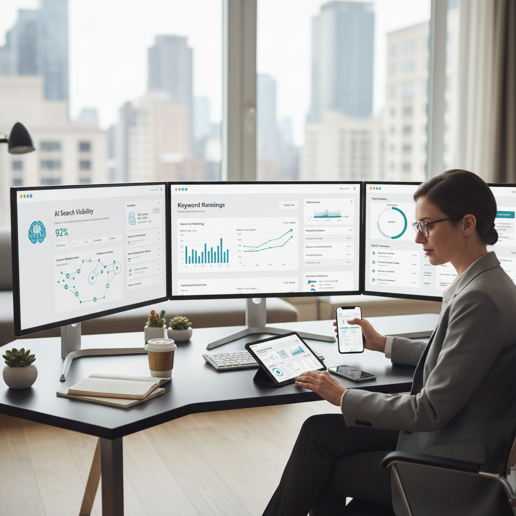 Best SEO tools for small business displayed on multiple screens showing rankings and AI search data