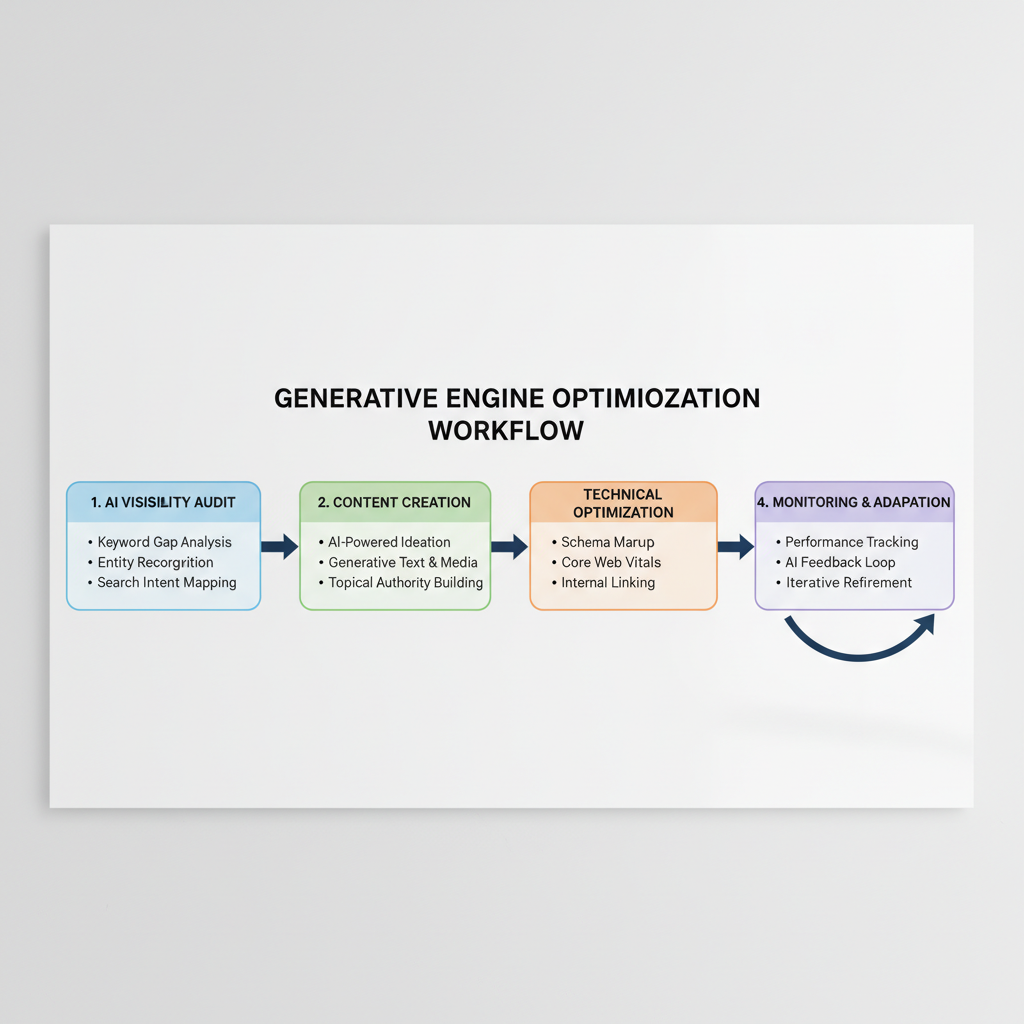 Generative engine optimization workflow diagram showing the six-step process for AI search visibility
