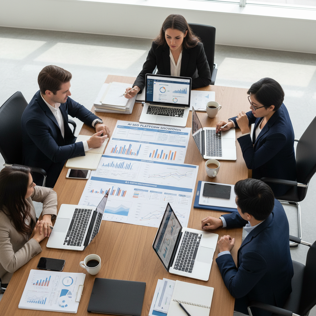 Marketing team comparing the best AI SEO tools and their features for 2026 optimization strategy