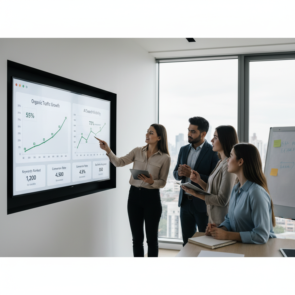 Marketing team analyzing monthly SEO service performance reports showing organic traffic and AI search visibility growth