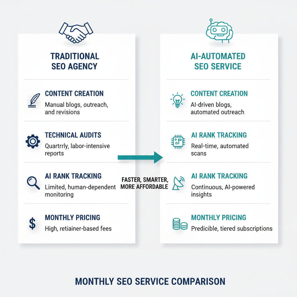 Comparison of traditional agency versus automated monthly SEO service features and pricing in 2026