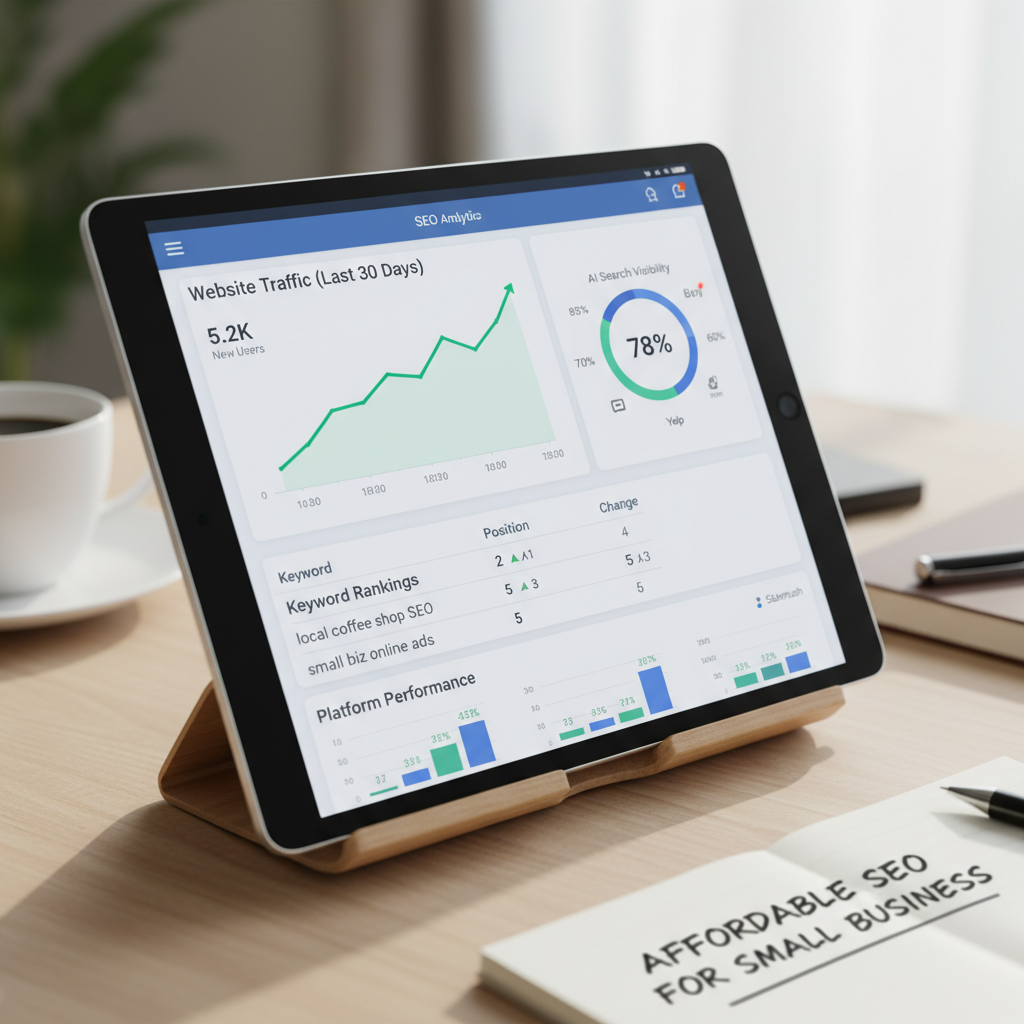 SEO performance tracking dashboard for affordable SEO for small business showing AI and traditional search metrics