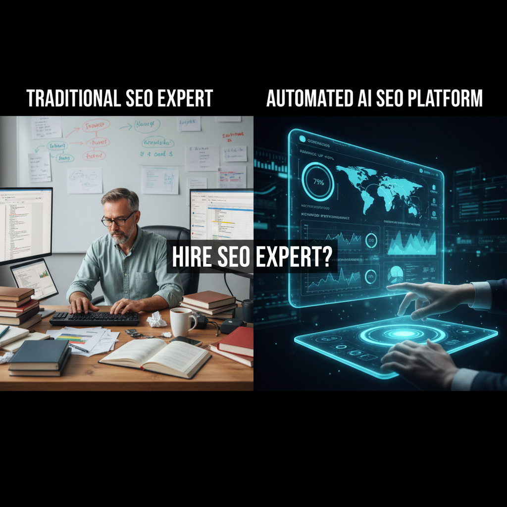 Hire SEO expert comparison between traditional consultant and automated AI SEO platform dashboard