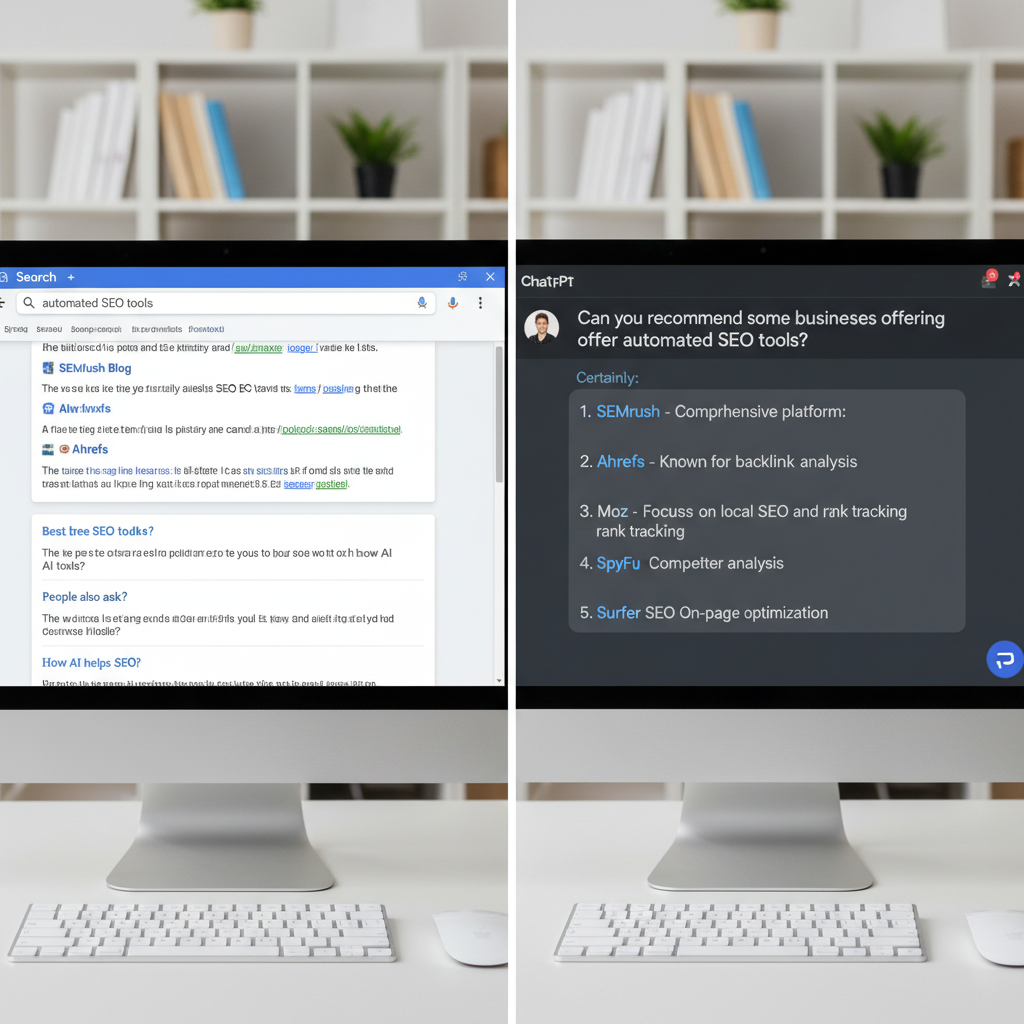 Comparison of traditional Google search results and AI search engine recommendations showing why automated SEO tools must cover both