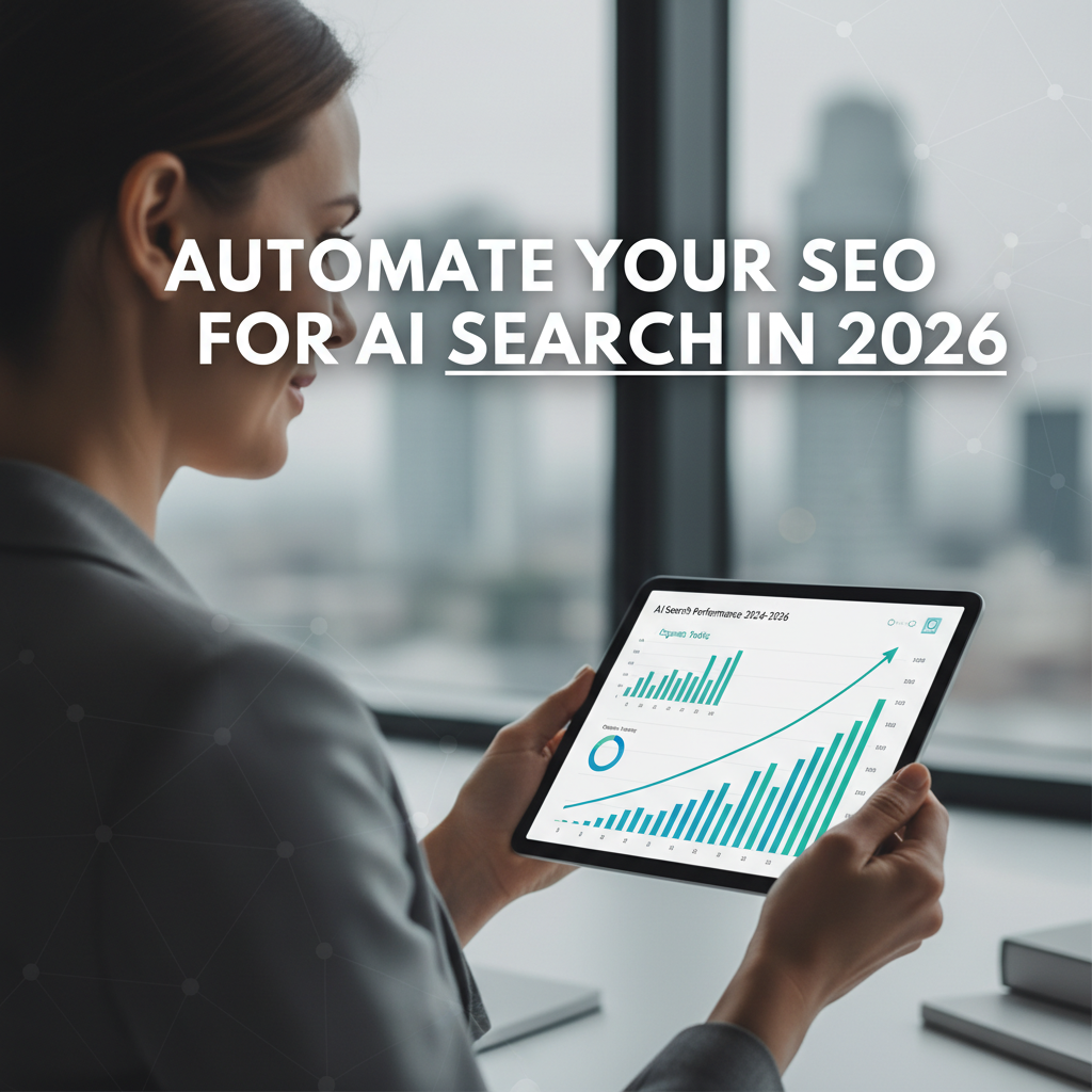 Business owner reviewing SEO automation platform results showing improved AI search visibility metrics on a tablet
