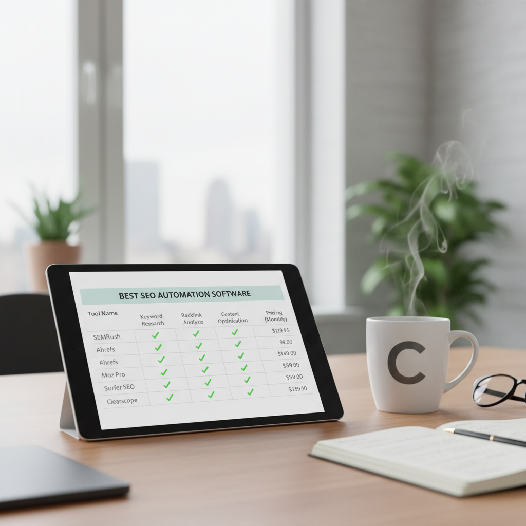 Comparison chart of best SEO automation software features and pricing displayed on a tablet