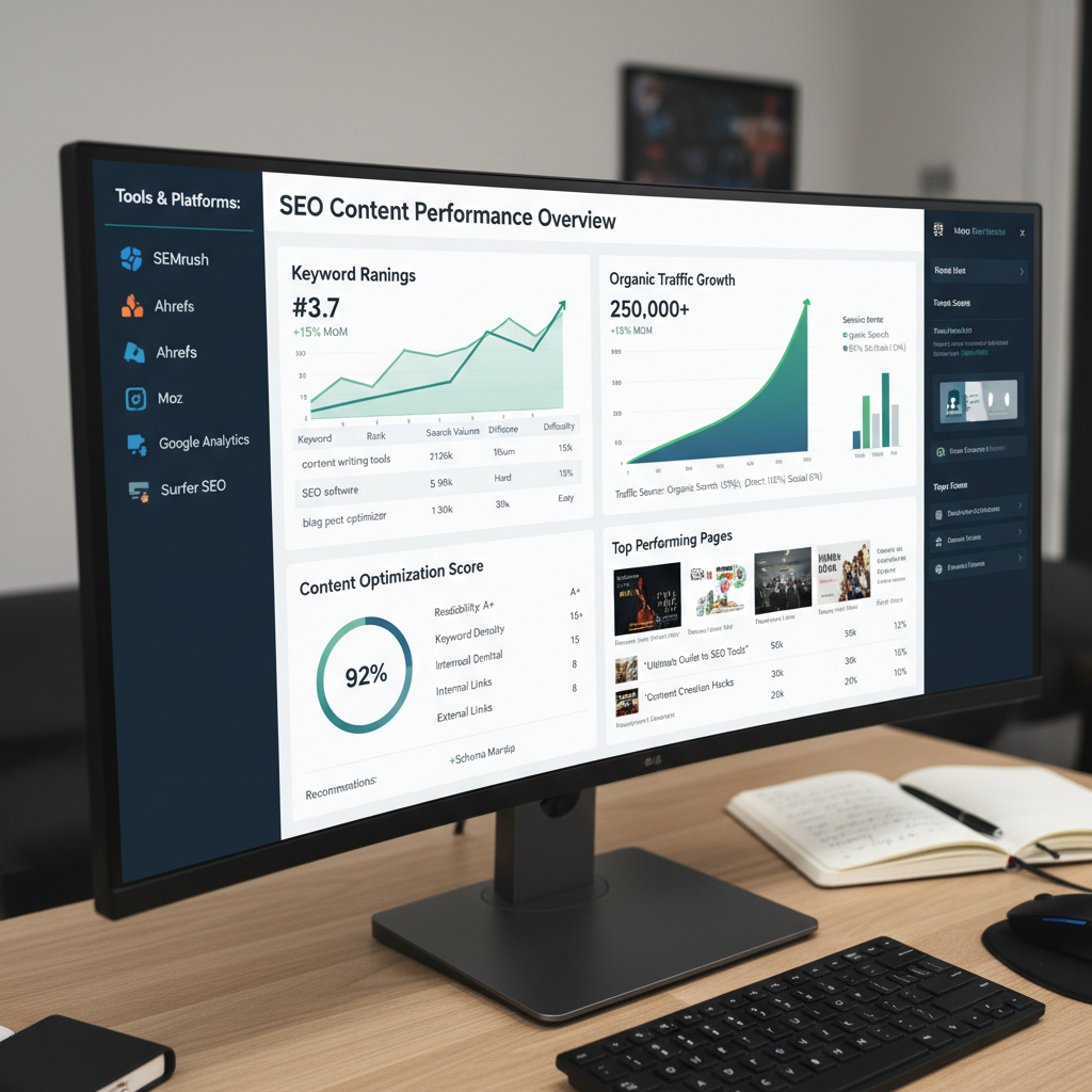 Comprehensive SEO content writing tools analytics showing performance improvements and ranking data
