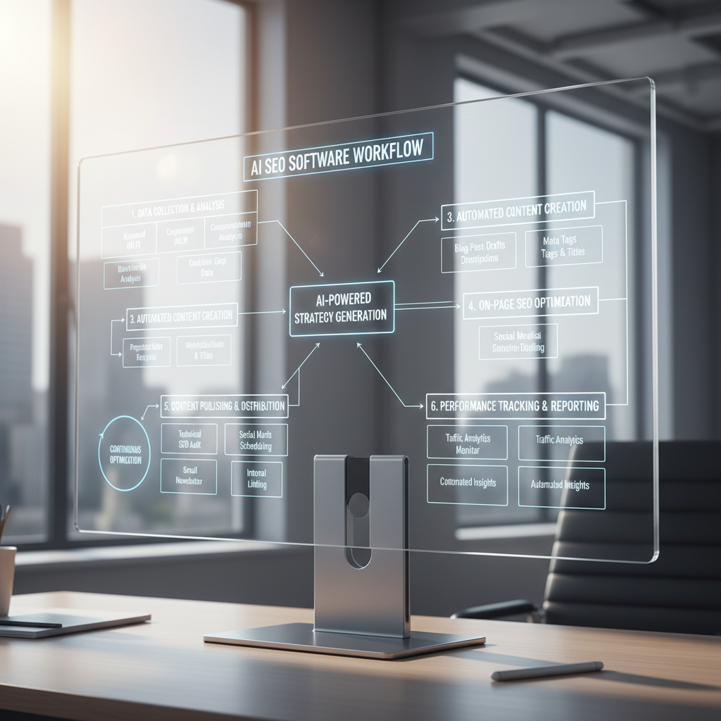 AI SEO software workflow diagram showing automated optimization processes