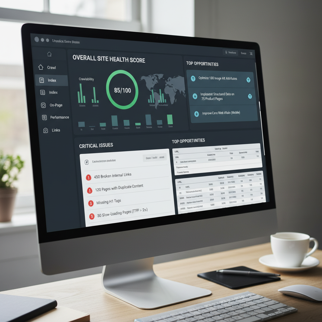 Technical SEO monitoring tools interface showing comprehensive site audit results