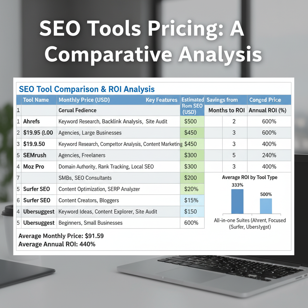 SEO tools pricing analysis spreadsheet showing cost comparison and ROI metrics for different platforms
