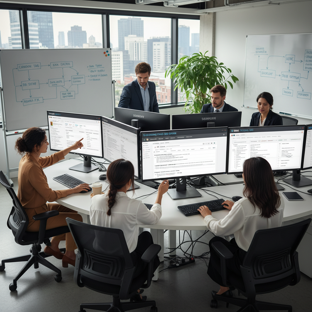 Professional team using technical SEO tools for website optimization and analysis