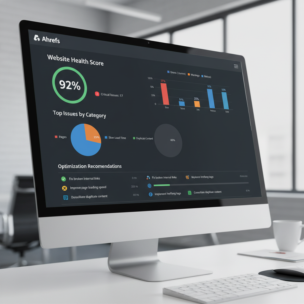 Ahrefs technical SEO tools interface displaying site health analysis and recommendations