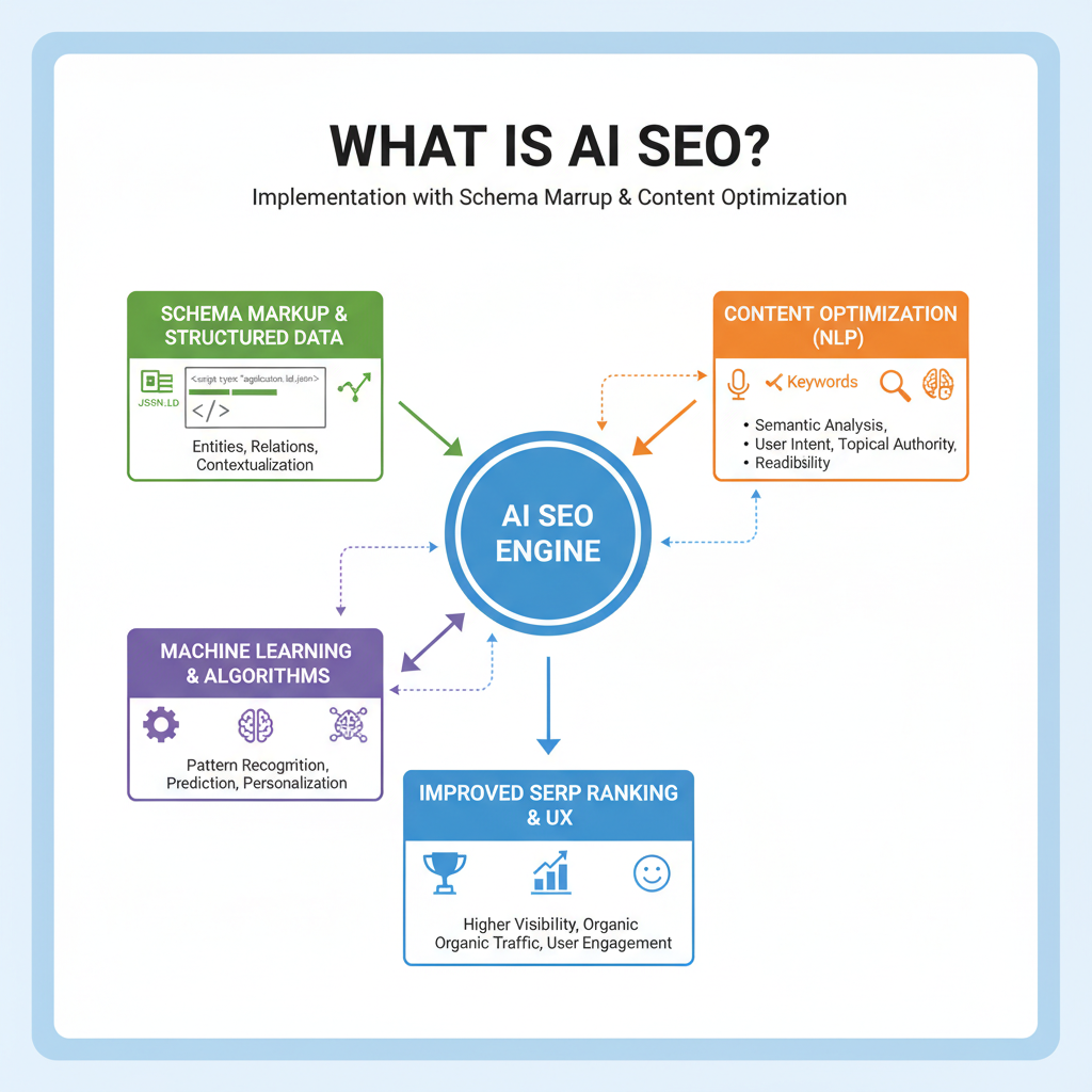 AI SEO technical implementation diagram showing what is AI SEO optimization components