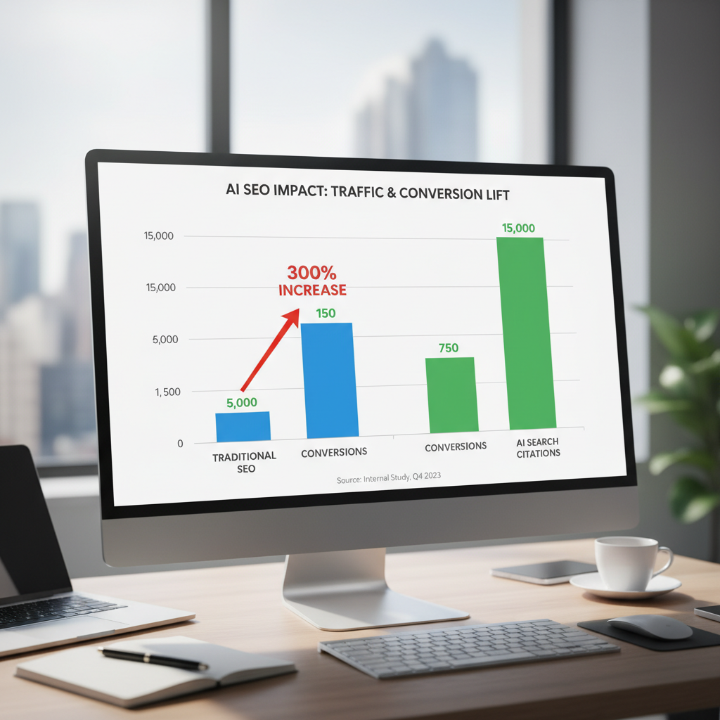 AI SEO benefits chart showing traffic growth and conversion improvements