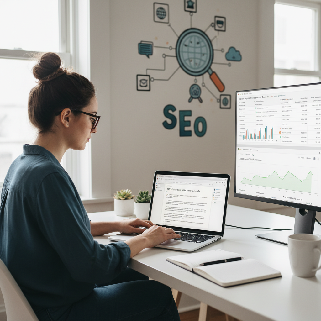 SEO tips for beginners content creation workspace with research tools