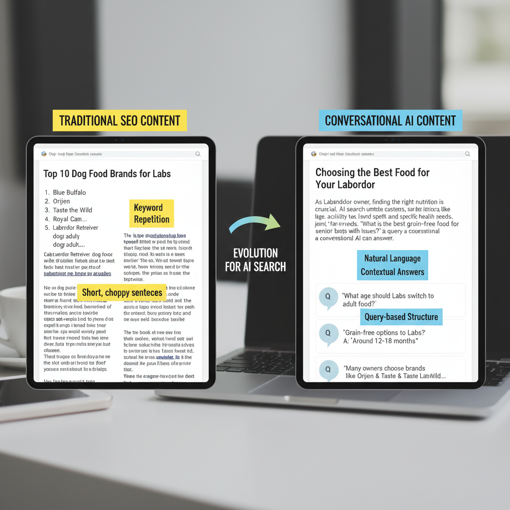 Content optimization comparison showing how to appear in AI search results through conversational formatting
