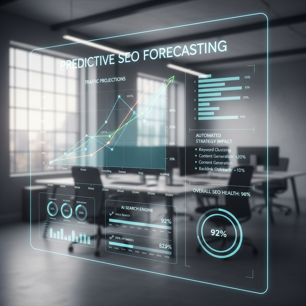 Automated SEO strategies performance tracking showing predictive analytics and multi-platform visibility