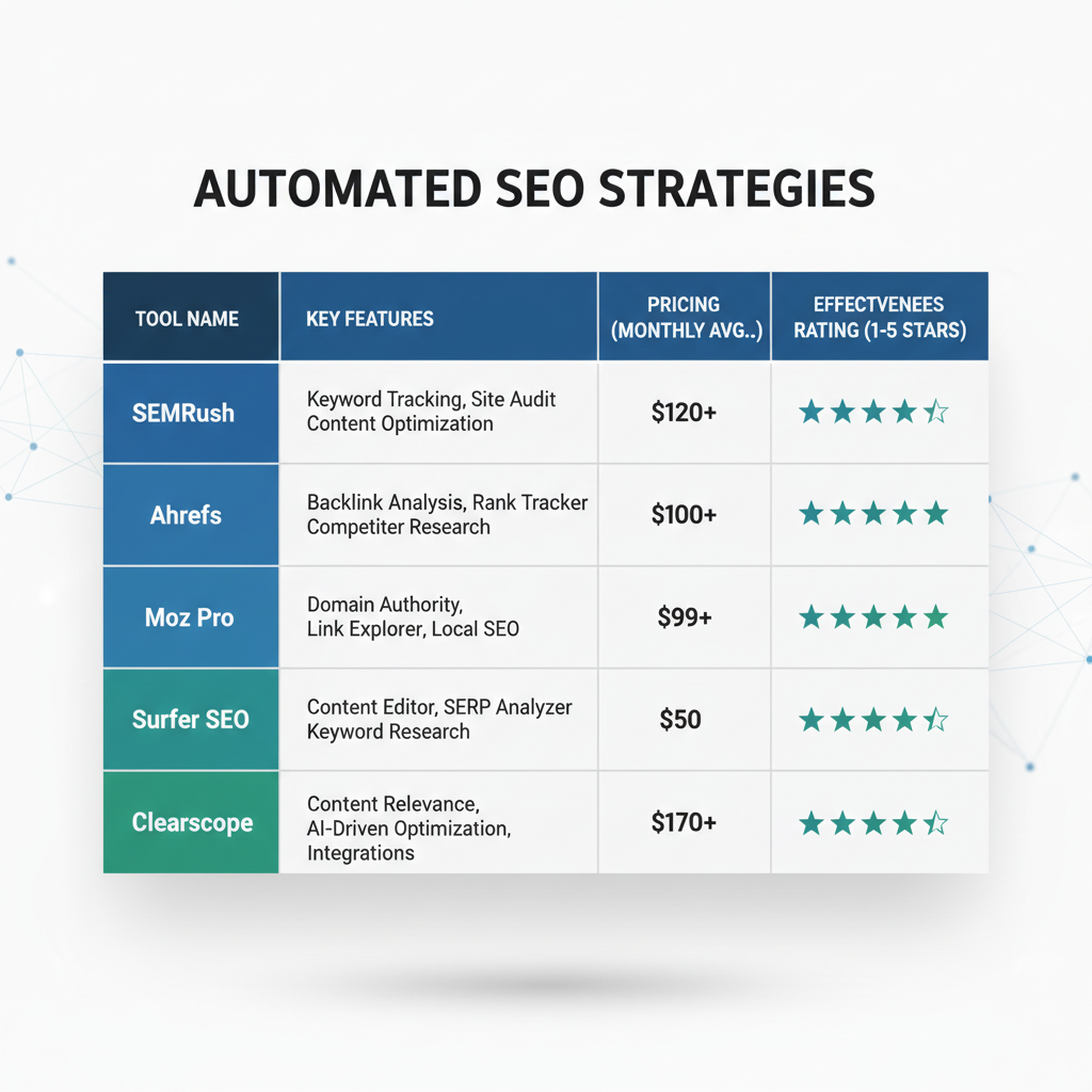 Automated SEO strategies tool comparison showing features and pricing for different automation platforms