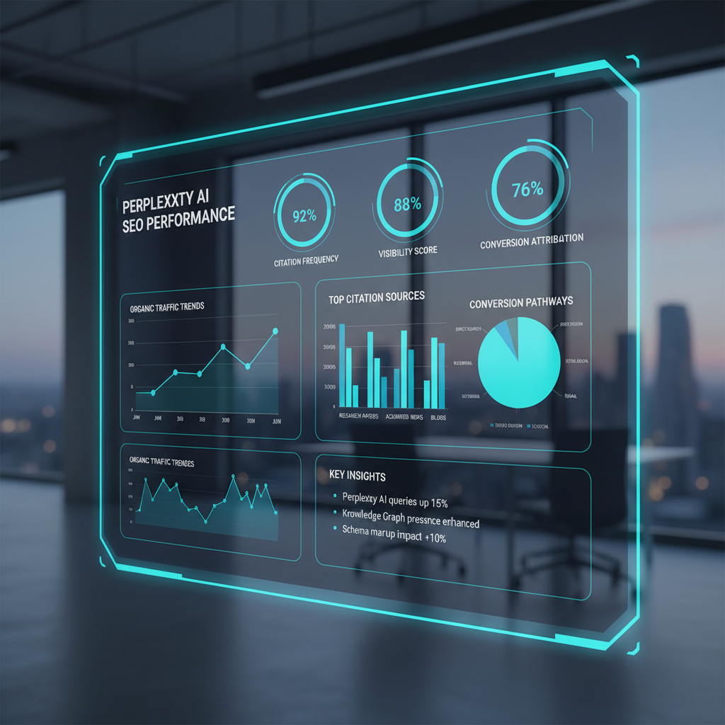 Perplexity AI SEO analytics dashboard displaying citation tracking, visibility metrics, and performance indicators