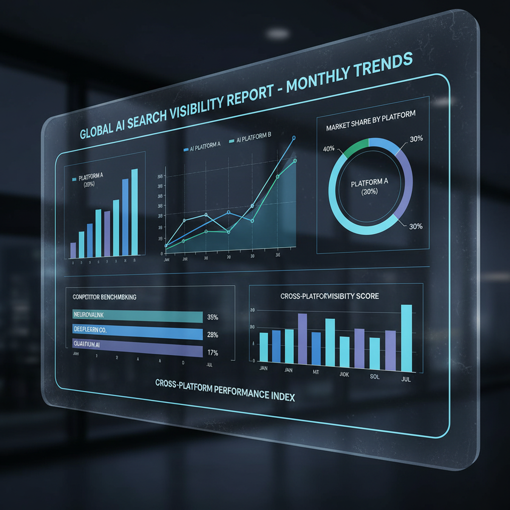 AI search visibility analytics dashboard displaying monthly trends and competitive analysis across multiple AI platforms
