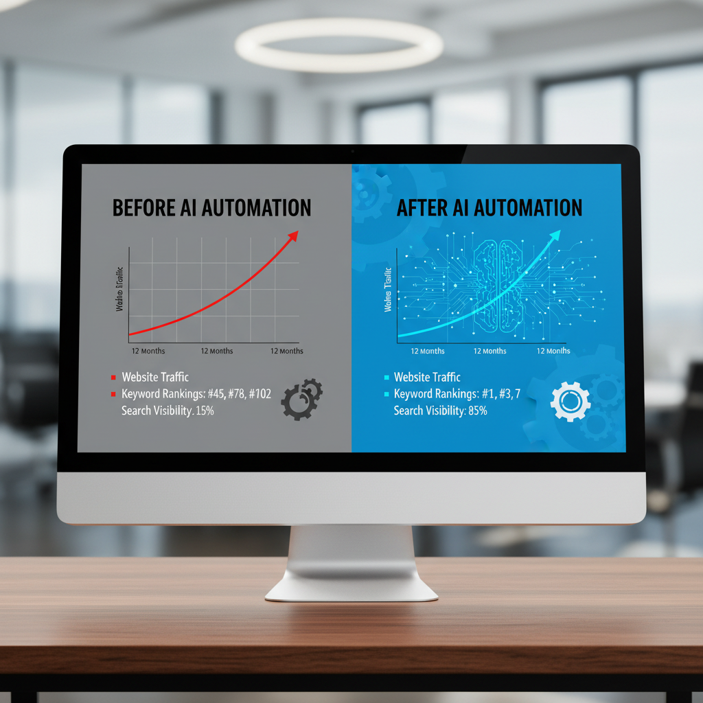 AI SEO automation results comparison showing dramatic improvements in search rankings, organic traffic, and AI search engine visibility