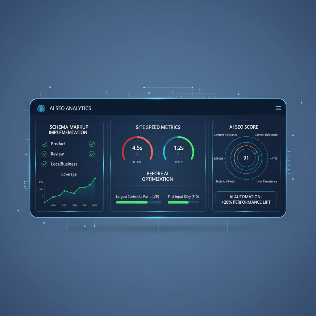 AI SEO automation technical optimization dashboard displaying comprehensive site health metrics and AI search compatibility