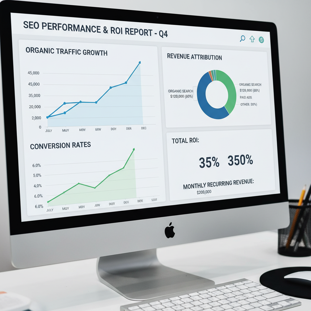 Traditional SEO agencies performance measurement dashboard showing ROI metrics