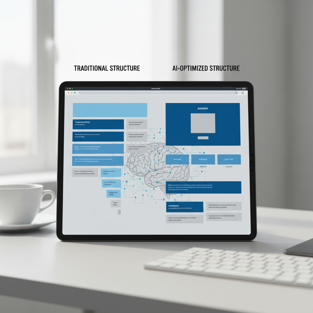 Visual comparison of traditional vs AI optimized content structure highlighting answer-first formatting