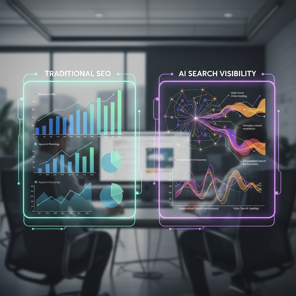 AI SEO ecommerce comparison between traditional and AI search metrics dashboard