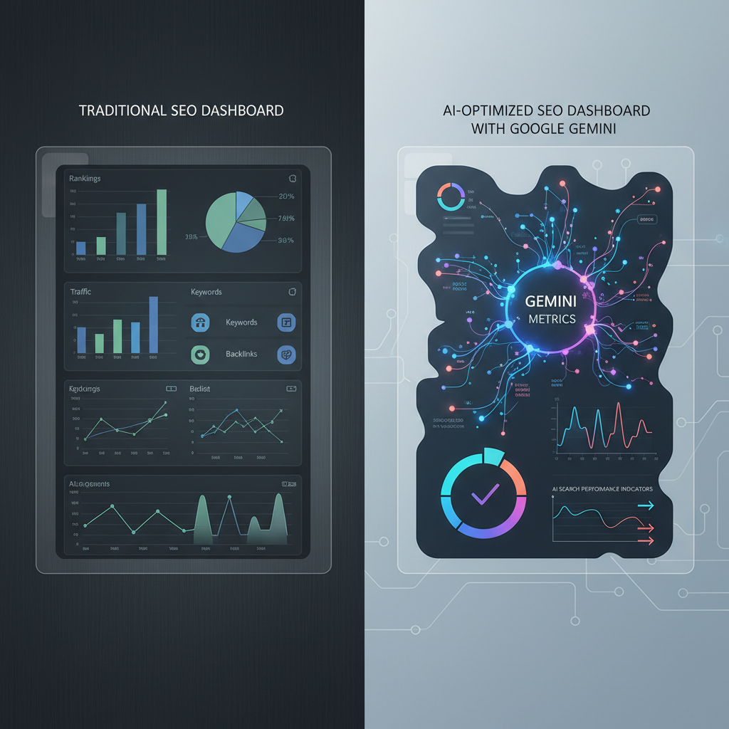Google Gemini SEO best practices dashboard comparing traditional versus AI-optimized search performance metrics