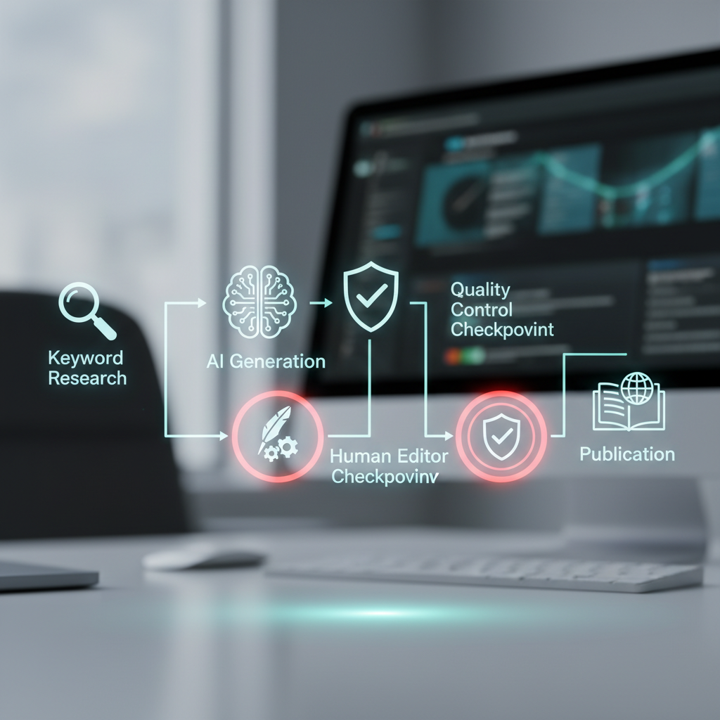 Automated content creation workflow diagram showing process steps and quality controls