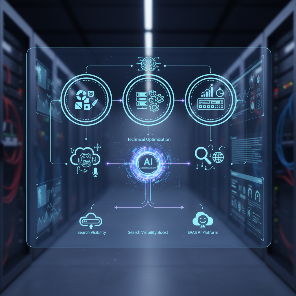 SaaS AI search visibility automation workflow showing content creation and technical optimization processes