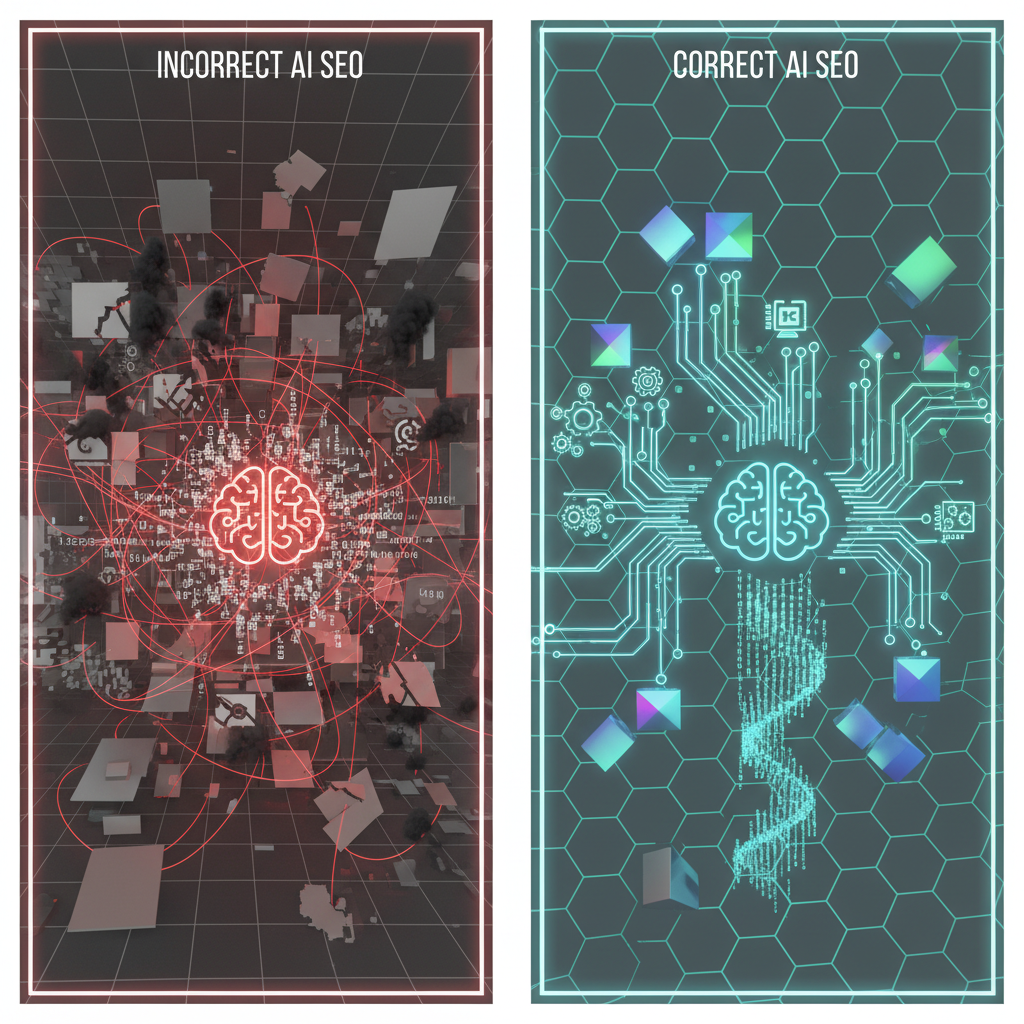 AI SEO best practices comparison showing common mistakes versus proper implementation techniques