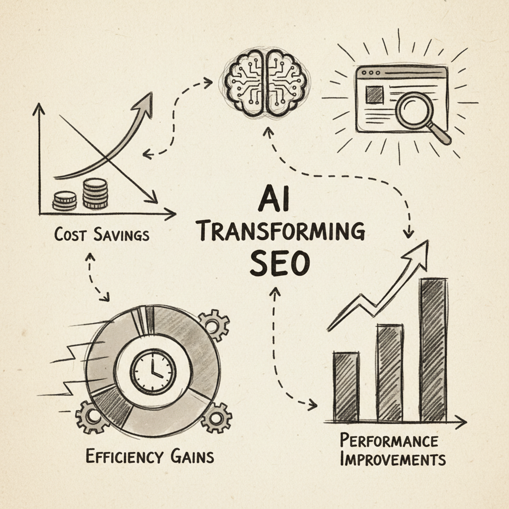 Benefits of AI transforming SEO including cost savings and performance metrics