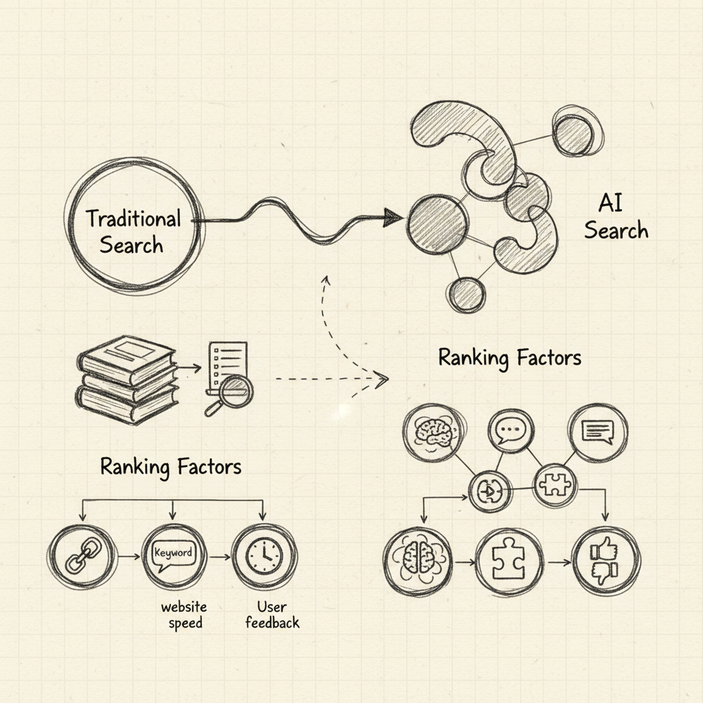 Timeline infographic displaying the evolution of AI search rankings from traditional SEO to modern AI-powered search engines