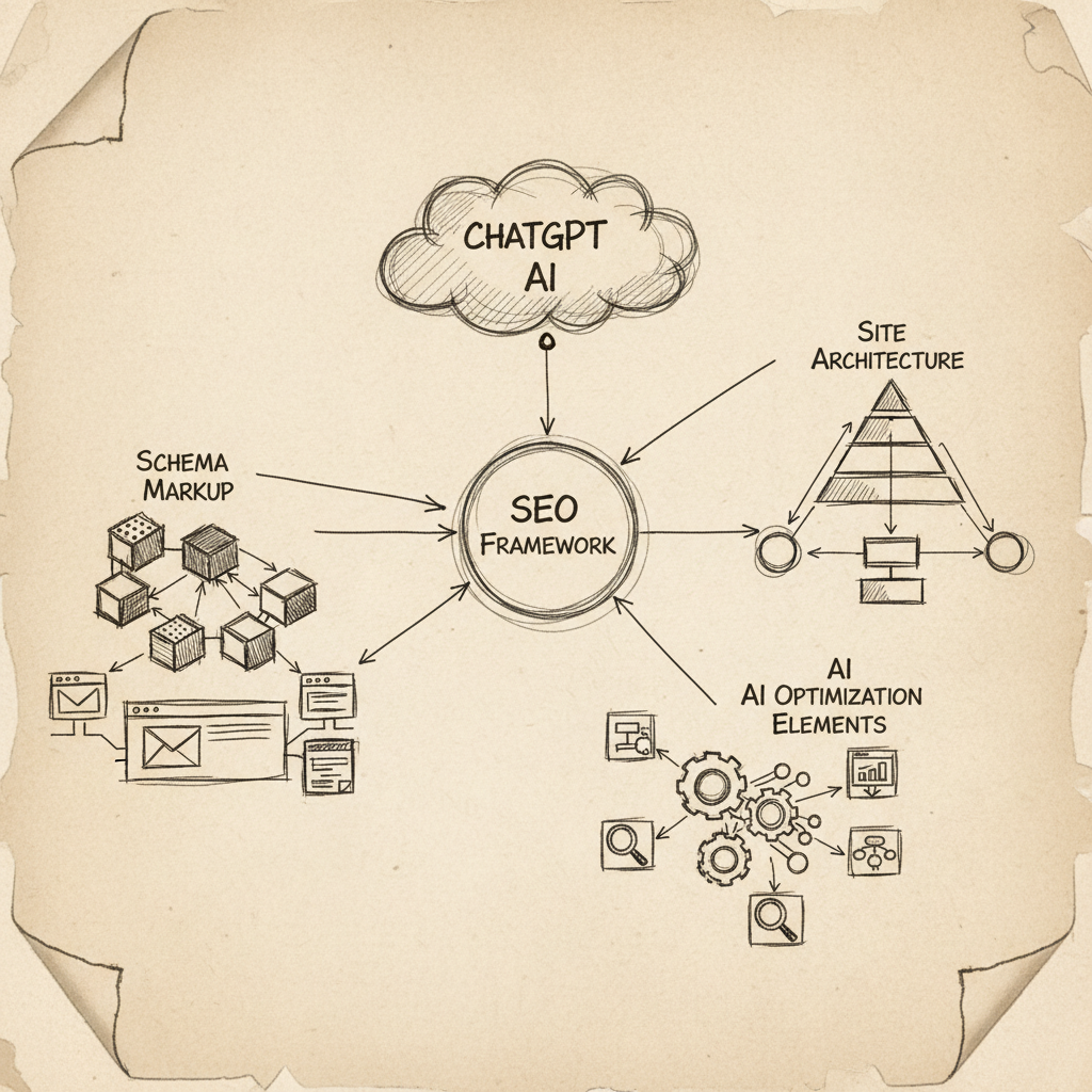 ChatGPT SEO technical implementation framework showing schema markup and AI optimization structure