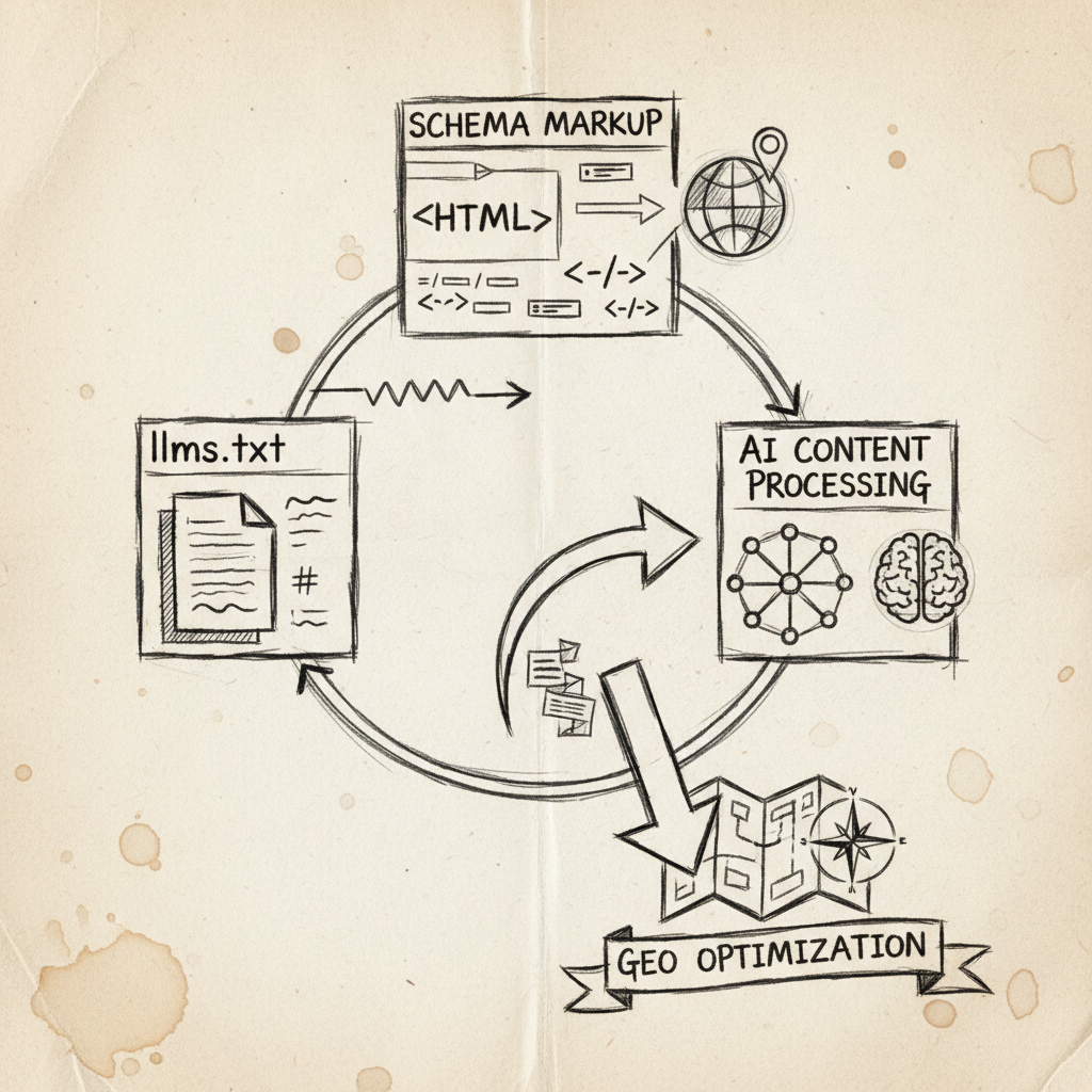 what is GEO optimization technical implementation diagram showing schema markup and AI processing